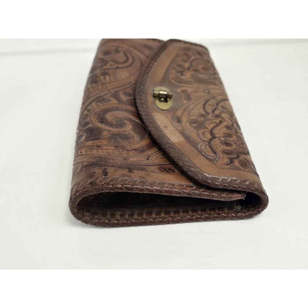 RARE‎ Vintage Brown Hand Tooled Leather Wallet Clutch , Gaiton - Made In Mexico